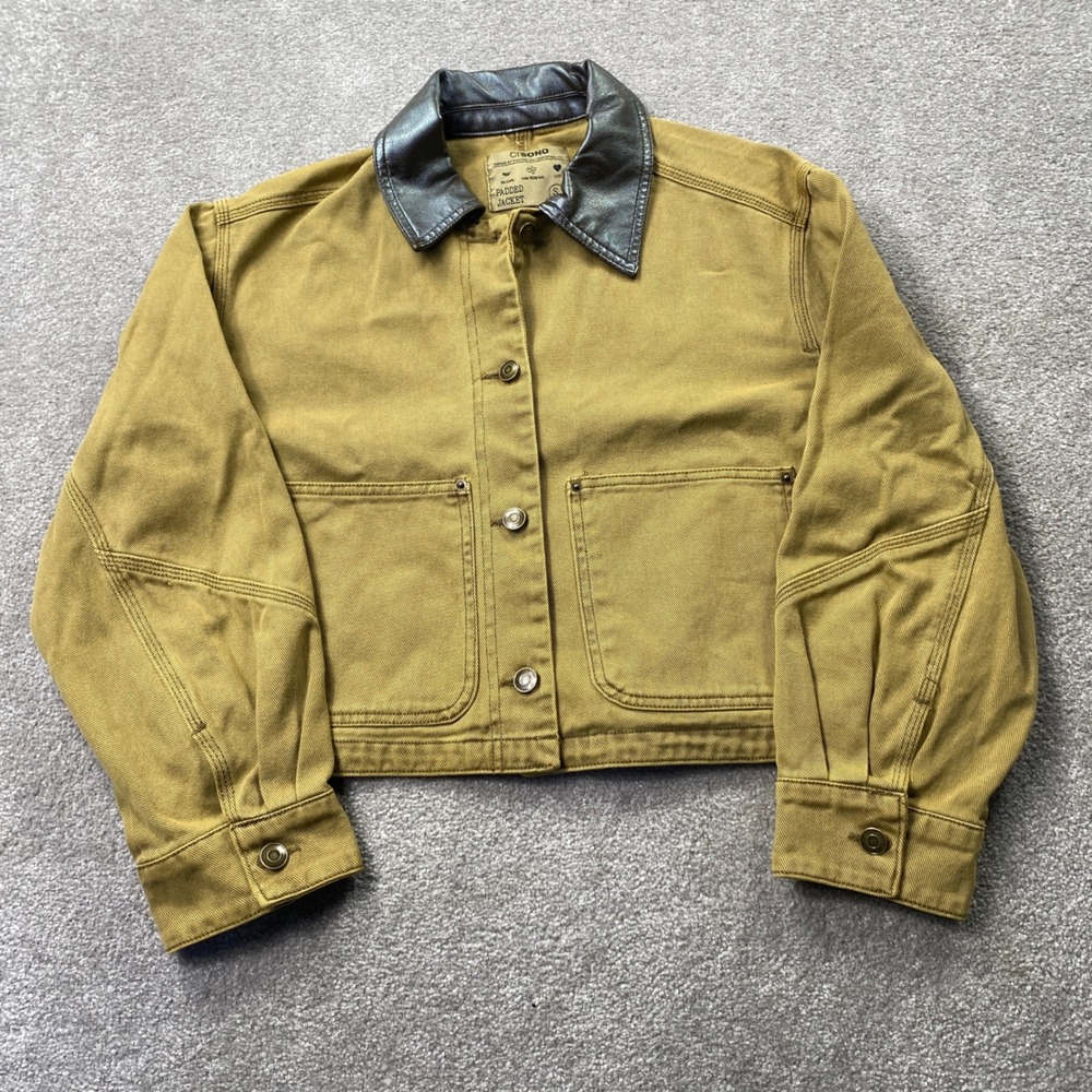Ci Sono Utility Jacket Women Small Khaki Faux Leather Collar Cropped